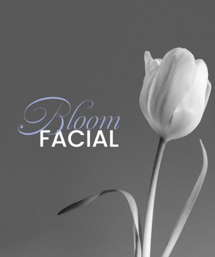 cover de bloom facial, foto blanco y negra de tulipan con frase Bloom Facial